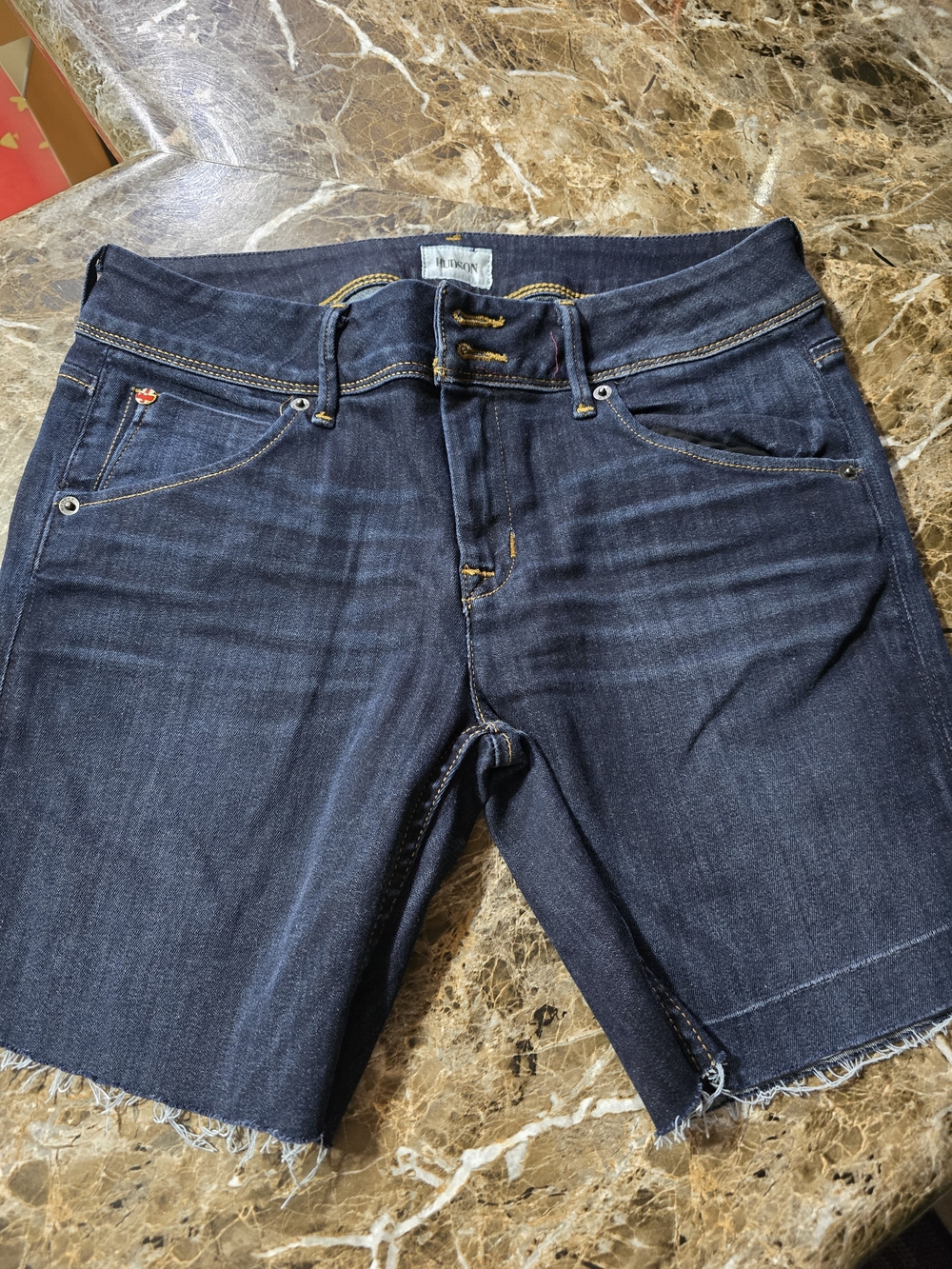 Hudson Jeans Dark Indigo Denim Shorts with Yellow Stitching